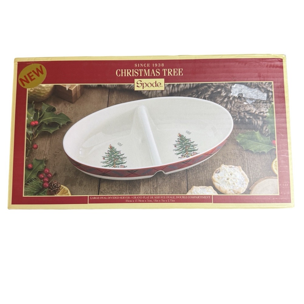 Spode Christmas Tree Tartan Plaid Oval Divided Server Serving Dish Plate 13" New